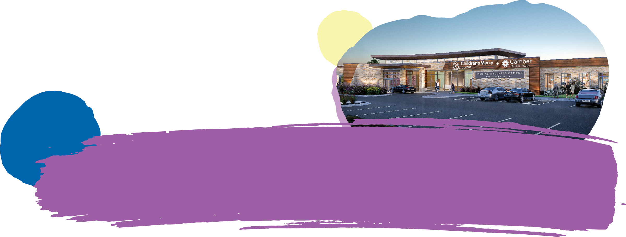 Image of Children's Mercy Olathe building in a circle cutout with purple, blue, and yellow shapes